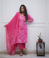 Rose Garden Leaf-Print Embroidery Muslin Dupatta Suit